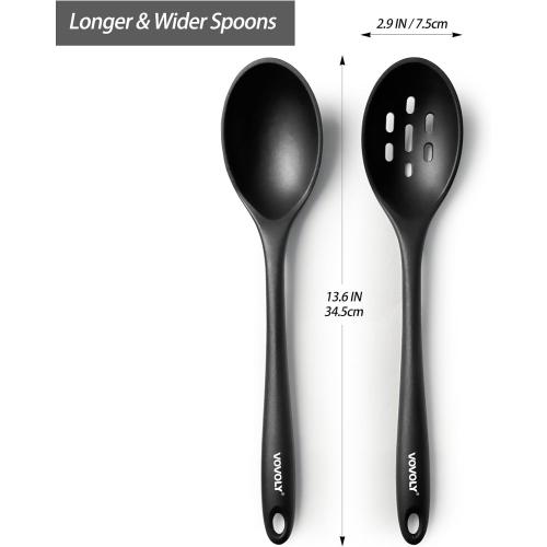 Silicone Spoons for Cooking - Extra Large Kitchen Spoons for Mixing, Serving, & Stirring - 600°F Heat-Resistant Non Stick Utensils Ladle & Skimmer- Dishwasher Safe, Black