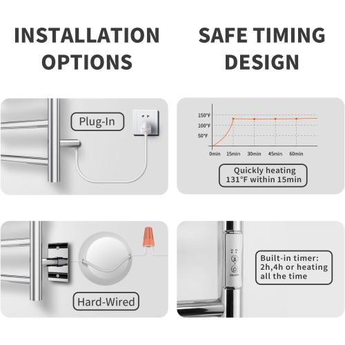 Wall Mounted Towel Warmer 8 Bars with Plug-in and Hardwired Options 3 Working Modes Mirror Polished Stainless Steel 21”W 34”H