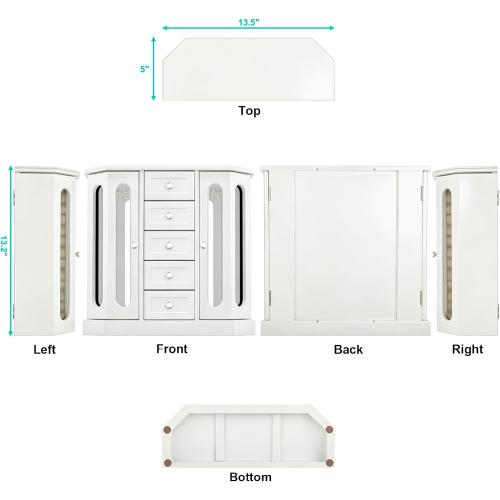 RR ROUND RICH DESIGN Vintage Jewelry Armoire with Mirror White | Solid Wood Jewelry Box Organizer with 5 Drawers & 2 Glass Doors - Large Capacity Desktop Dresser Case