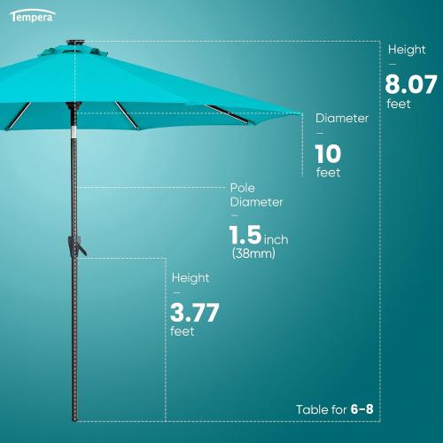 Tempera Teal Solar Patio Umbrella 40 LED Lighted Outdoor Umbrella Table Market Umbrella with Push Button Tilt and Crank, Solar Umbrella with Sturdy Pole&Fade Resistant Canopy, Easy to Set