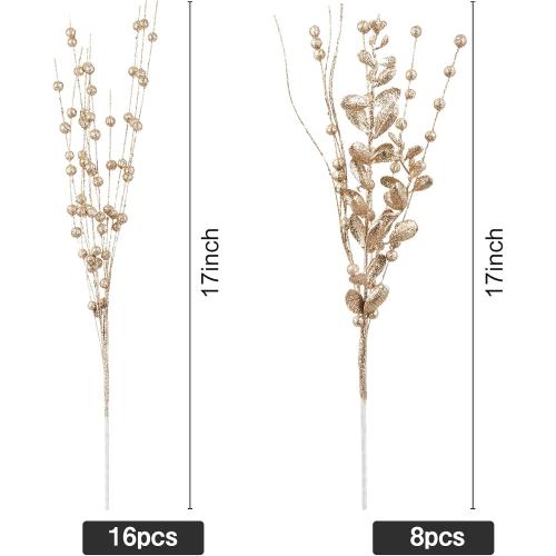 24-Pack Christmas Tree Picks Ornaments, Artificial Glitter Berry Stem Glittery Twigs Ornaments for Christmas Tree Decorations, Small Vase, Holiday, Wedding, Party Decorations (Champagne)