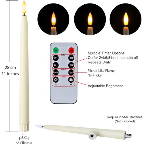 Homemory 11 inches Waxy Flameless Taper Candles with Remote Timer Dimmer, 6 Pcs Battery Operated Taper Candles with Flickering Flame, Ivory LED Candlesticks for Wedding, Christmas Indoor Decoration