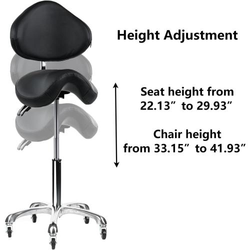 Saddle Stool Rolling Chair with Back Support Swivel Adjustable Height Ergonomic Thick Seat Cushion with Wheels for Nail Lash Tech Esthetician Tattoo Artist Salon Hair Cutting Stylist Black