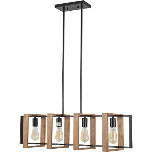 Dining Room Light Fixture Farmhouse Pendant Lights Kitchen Island Rustic Kitchen Light Fixtures 4 Lights Wood and Black Metal Rectangular Chandelier Ceiling Hanging Lighting 35.4
