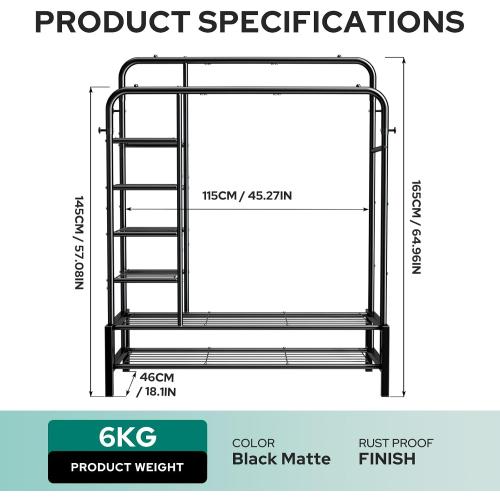 Clothes Rack, Double Rods Clothing Rack with 2 Bottom Shelves & 4 Side Shelves, Metal Garment Rack for Hanging Clothes, Heavy Duty Clothes Rack for Bedroom, Laundry, Living Room, Black