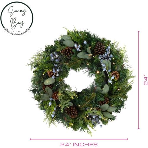 Prelit 24 Holiday Wreath – Lifelike Mixed Artificial Pine & Cedar with Blueberries and 50 Battery-Operated Color-Changing LED Lights, Steady, Twinkle Lights