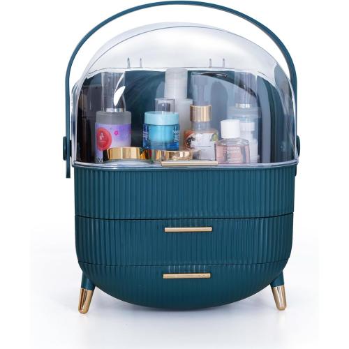 Color Green Makeup Cosmetic Organizer Box with Drawer Storage - Plastic Oval Storage Organizer with Turn Lock, Large Capacity for Women’s Skincare and Beauty Products (Green)