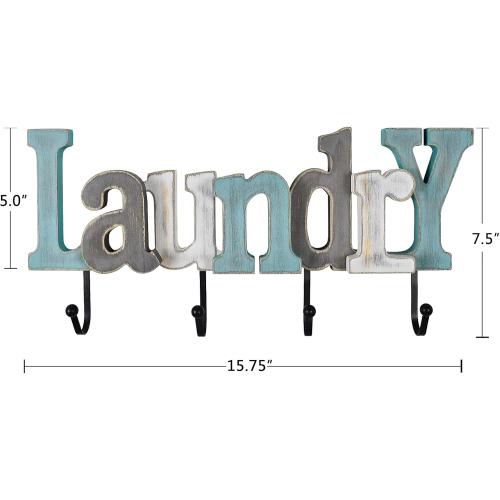 Linfevisi Wooden Laundry Sign Aqua Hanging Block Letters Sign Rustic Wood Word Decor Laundry Wall Sign Cutout Word Art Wall Decor Decorative Key Holder Hanger with 4 Hooks