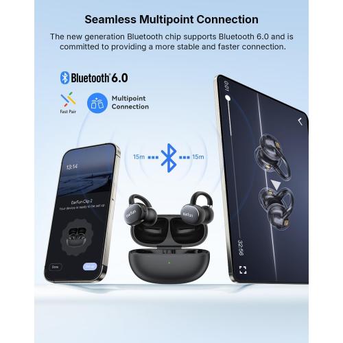 EarFun Clip 2 Open Ear Earbuds, Clip On Headphones, AI Translation Earbuds | LDAC, Hi-Res Audio, Bluetooth 6.0 for Running, Workout, 12mm Titanium Driver, 4 Mics AI Clear Call, Secure Fit, 40H Playtime