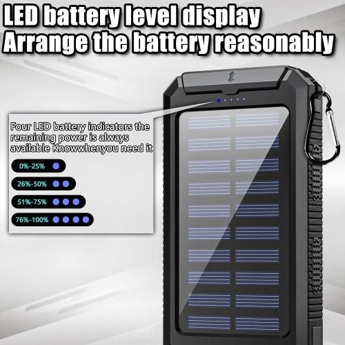 10000mAh Solar Power Bank with Type-C & Dual USB Ports for iPhone、Samsung & More，Shockproof, Dustproof, with Compass & LED Light,Safety Protections,Perfect for Outdoor & Daily Commute (Black)