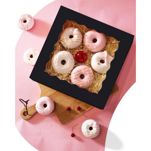 qiqee 8x8x2.5 Inch Black Pastry Box With Window Donut Pie Boxes 12pcs Bakery Box (Auto-pop Up)