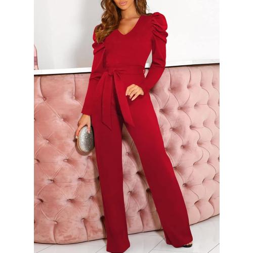 Size L BLENCOT Jumpsuit Long Sleeve Casual V Neck Belted Wide Leg Formal Rompers Jumpsuit