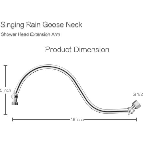Size 15 inch Goose Neck Curved Extra Long Adjustable Shower Head Extension Arm With Locking Set Screw, Singing Rain Brass Angle Height Adjustable, G1/2 Universal Connector Compatible (Chrome Finish)