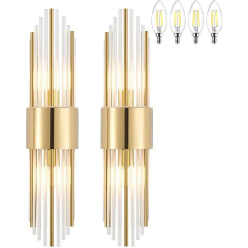 Gold Sconces Wall Set of 2, 2-Light Modern Brushed Titanium Gold Wall Sconce, Gold Vintage Crystal Wall Sconce, Modern wall sconces, for Living Room, Bathroom, Vanity, Staircase, Hallway