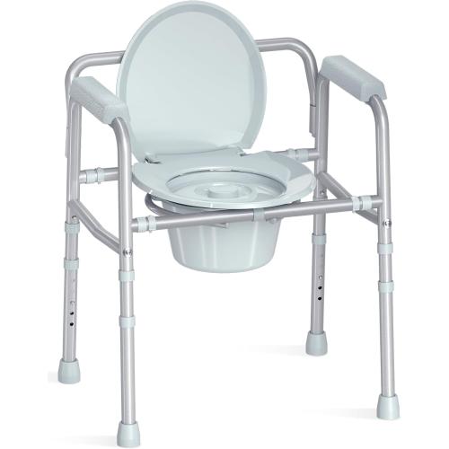 3-in-1 Bedside Commode with Sturdy Dual-Crossbar Support Construction, Stable Commode Toilet with 7.5Qt Bucket, 350 Lbs Bedside Commodes for Seniors, Silver