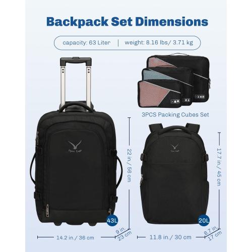Hynes Eagle 2 in 1 Travel Backpack 22 inches Carry on Luggage 63L Rolling Backpack for Men Women with Packing Cubes 3PCS Set