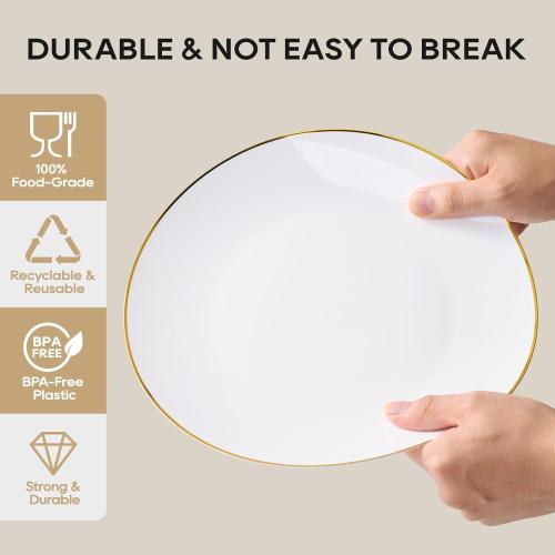 FOCUSLINE 100 Count Gold Plastic Plates 10.25 Inch, Disposable Heavy Duty Dinner Plates, Premium Hard Plastic Plate Fancy Disposable White Plate with Gold Rim