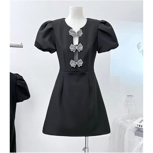 Size M Women's Crystal Bow Embellished Black Dress Mini Short A-Line Party Evening Gown Puff Sleeve Summer Dress