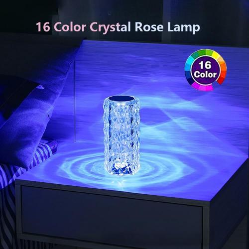 Portable Crystal Table Lamp, 16-Color Touch Control Rechargeable Night Light, Bedside Desk Lamp for Bedroom, Living Room, Kitchen & Dining Room (16-Color Rose)