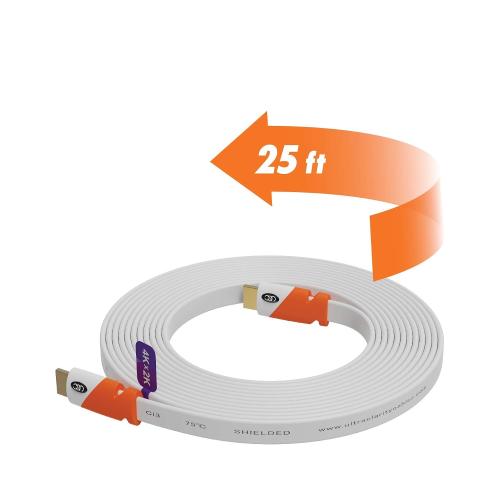 White 25Ft Flat Cable HDMI - 2.0 - High Speed HDMI Flat Wire, by Ultra Clarity - CL3 Rated - Audio Return Channel (ARC) 4K Ultra HD 2160p / Bandwidth up to 18Gbps / 3D HD 2 X 1080p Ready (25 feet 1-Pack)
