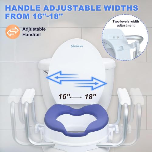 Raised Toilet Seat with Handles, Add 5 inch, Fits Round Toilet | With Cushioned|300 lbs|Includes lid|Adjustable Width|Blue color|for bathroom use