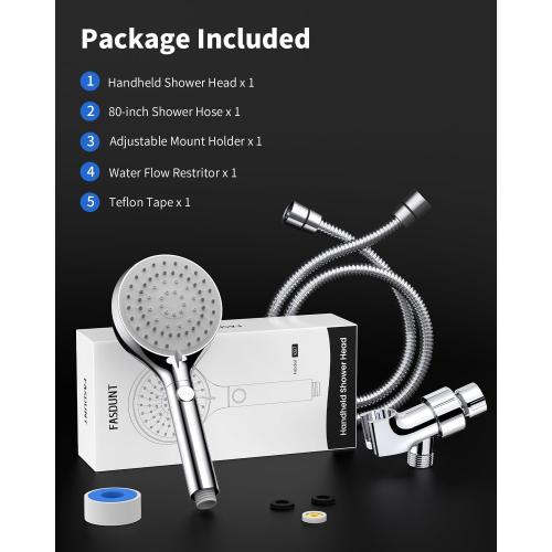 FASDUNT Shower Head with Handheld, High Pressure Handheld Shower Head with 80 Extra Long Stainless Steel Hose & Adjustable Bracket, Showerhead with ON/OFF Switch for Pets Bath