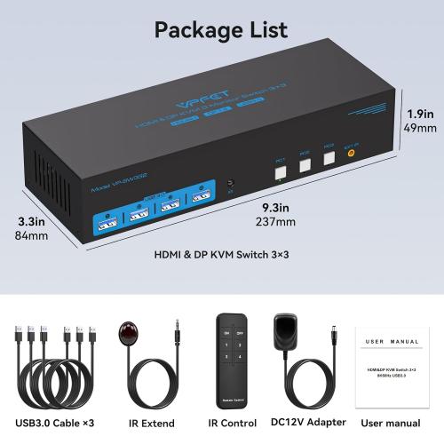 4K144Hz HDMI   2 Displayport KVM Switch 3 Monitors 3 Computers 8K USB 3.0 KVM Switches Triple Monitor for 3 Computer Share 3 Screens and 4 USB 3.0 Ports Support Extended/Copy Mode