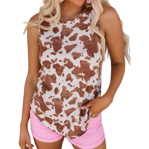 size S- BAIMORE Women's Cow Print Racerback Summer Crew Neck Sleeveless Plus Back Ribbed Basic Tank Top