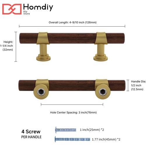 homdiy 10 Pack Gold Cabinet Handles 3 Inch Hole Centers Walnut Wood Grain Metal Drawer Pulls for Dresser Cupboard