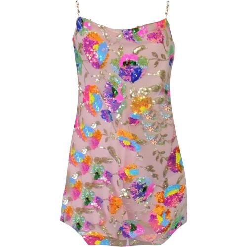 SizeM...Women's Sequin Dress Sexy Sparkly Floral Summer Backless Deep V Low-Cut Shiny Strap Mini Dress for Party Cocktail Clubwear