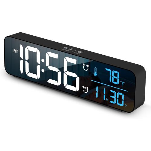 Abovsare Digital Clock for Bedroom, Clocks for Living Room Decor, Desk Table Clock, Alarm Clock Large Display with Date Week Temperature, Automatic Brightness Dimmer, Smart Cool Modern (Black Blue)