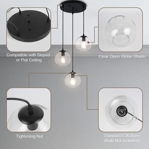 Globe Pendant Light, Modern Hanging Lighting Fixture, Classic Cluster Chandelier with Clear Glass Shades(Black, 3 Lights, 11.8 Inch)