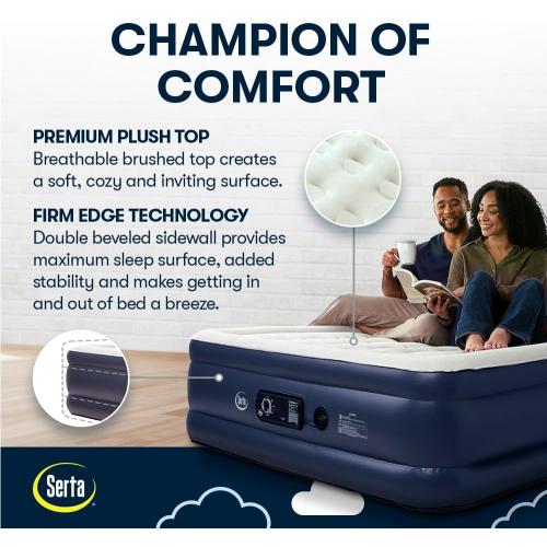 Serta Raised Air Mattress with Never Flat Pump | Luxury Inflatable Mattress with Built in Air Pump to Ensure a Good Night’s Rest | Heavy Duty Blow Up Mattress with Self Inflating Pump