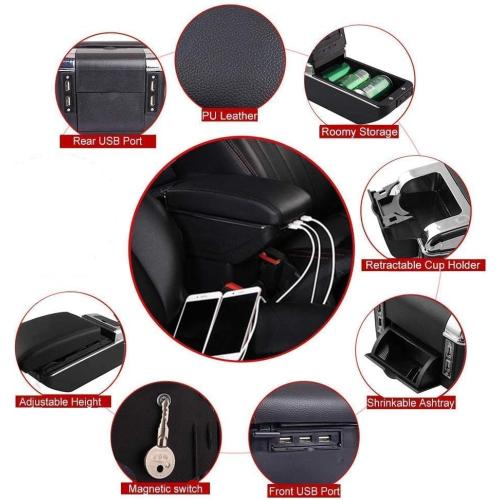 Armrest Box Double Layer Front Center Console Black Leather with Charging 7 USB Ports for Universal Car
