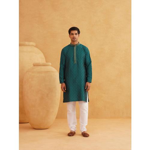 Size Large 40 ojanya (Since 1958 Men's Red Jacquard Silk Kurta & Churidaar Pyjama