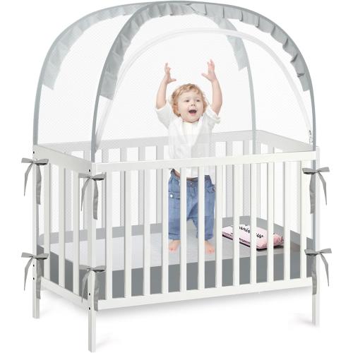 PandaEar Pop Up Crib Tent to Keep Baby from Climbing Out, Breathable Crib Net Mesh Canopy, Babies Crib Cover with Zipper, Easy Installation (Grey)