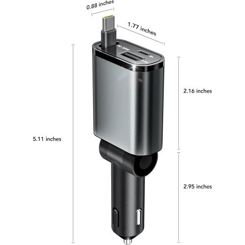Retractable Car Charger, 3 in 1 Fast Car Phone Charger 50W, 1 TypeC Retractable Cables and USB Port,USB C Car Charger Compatible with iPhone 17/17 Pro Max/16/15/14/13/12/11,for Galaxy S25,Pixel 10