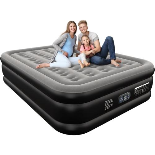 Black and Grey Air Mattress Queen with Built in Pump Inflatable Mattress with Soft Flocked Top & Carry Bag Adjustable Blow Up Mattress Portable Air Bed for Guest Indoor