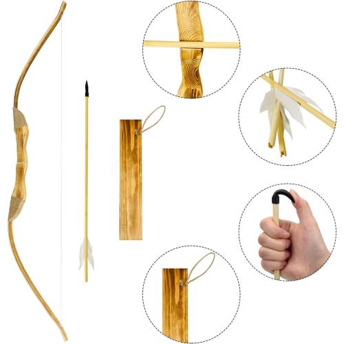 Youth Wooden Bow and Arrow Set, 40 Inch Handmade Wooden Bow and Arrow Cosplay Costume Prop Archery Set Games Toys, 1 Bows 1 Quivers and 3 Feather Arrows, Gifts for Kids Youth Boys and Girl