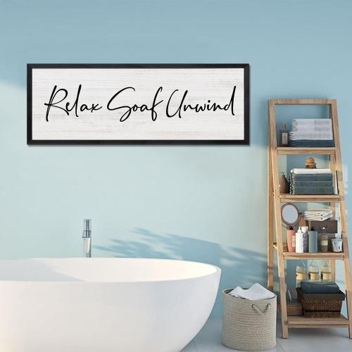 Relax Soak Unwind Wooden Sign Framed Wall Art, 32''×12'' Rustic Horizontal Motivational Bathroom Quote Wood Plaque, Farmhouse Long Inspirational Shower Room Saying Wood Sign Wall Decor for Bathhouse Wash Room