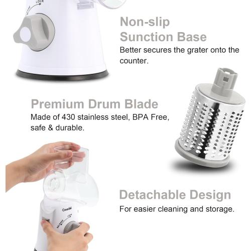 Geedel Rotary Cheese Grater, Kitchen Mandoline Vegetable Slicer with 3 Interchangeable Blades, Easy to Clean Rotary Grater Slicer for Fruit, Vegetables, Nuts