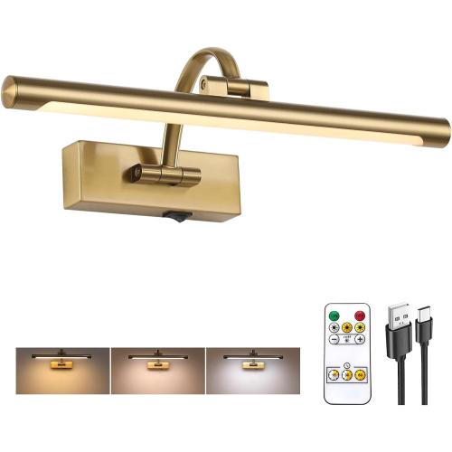 Tassuowell Wireless Picture Lights for Wall Rechargeable, Battery Operated Art Light for Paintings, 3CCT Dimmable, 15.7 Brass Finish with Remote, Rotatable Gallery Light for Pictures Display