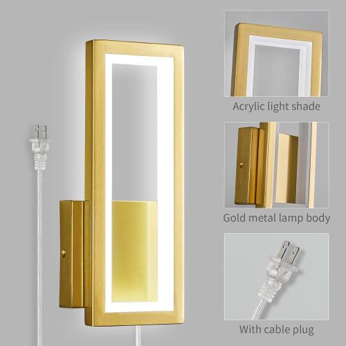 Modern Gold Plug in Wall sconces 18W Indoor LED Simple Wall Fixture 6000K Rectangle Vanity Wall Lights for Living Room Bedroom Hallway Stairs(1Pack)