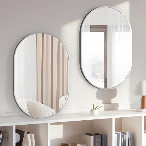 Oval Bathroom Mirror Capsule Wall Vanity Mirror, 24x36 Pill Mirrors Wall Mounted Mirror, Large Modern Mirror with Silver Metal Frame, Decor for Entryway, Bedroom, Living Room