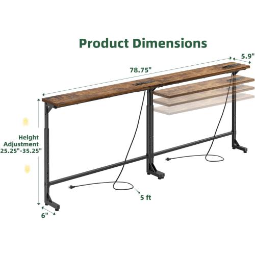 Simple Trending 78.75” Console Table, Narrow Behind Couch Table, Adjustable Sofa Tables with Outlet, for Living Room, Rustic Brown