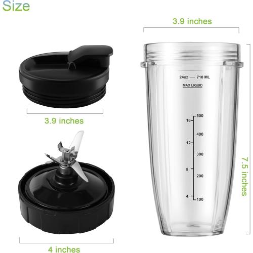Blender Replacement Parts for Ninja, 24oz Ninja Blender Cups with To-Go Lids, 7 Fins Extractor Blade, Compatible with Nutri Ninja Auto iQ Blenders BL2012 BN801 BL480-30 BL640-30 BL642-30 NN100-30