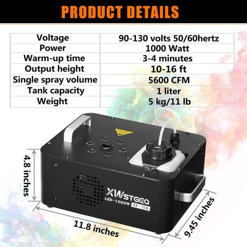Xwstgeo Vertical Fog Machine 1000W with 6 LED Lights and Wireless Remote Control for Stage Halloween Wedding DJ Parties
