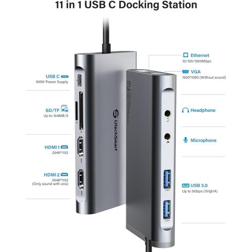 UtechSmart USB Docking Station, 11 IN 1 USB C Dock Triple Display, USB 3.0 Laptop Docking Station with Dual HDMI, VGA, PD, Ethernet, SD/TF, USB 3.0, Mic/Audio, Compatible for MacBook M1 Dell HP Lenovo