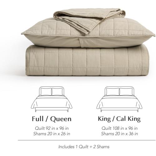 EVERGRACEHOME 100% Cotton Box Stitch Quilt Bedding Set Queen Size 3 Pieces, Garment-Washed Lightweight Soft Cozy Coverlet, Quilted Bedspread Sets with 2 Shams for All Season, Pebble Khaki