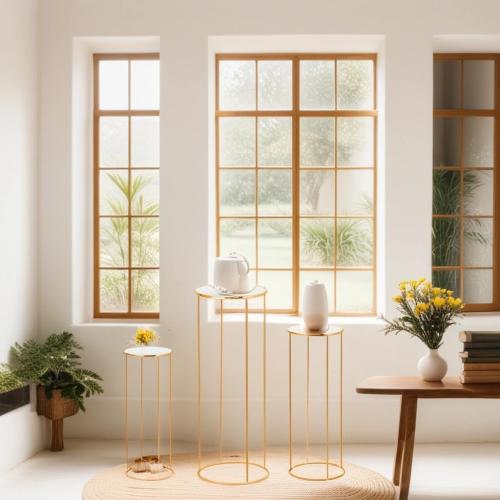 3pcs Gold Metal Plant Stand, Cylinder Pedestal Stands for Party, Metal Plant Columns Pedestal Stands for Display, Round Cylinder Columns tables for Weddings Cake Stand Floor Plant Tables